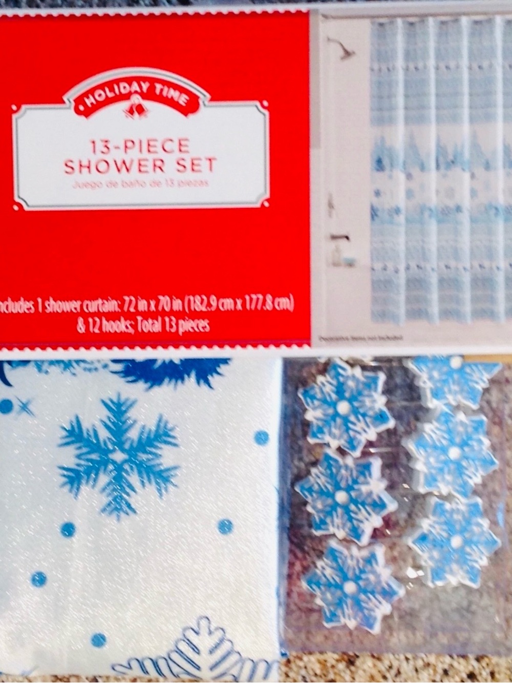 Christmas Shower Curtain & Hooks 70"x72" Snowflakes
